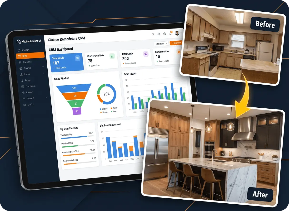 Kitchen Remodelers CRM dashboard with before and after kitchen photos