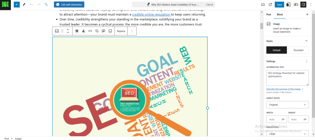 Adding Alt text to image in a SEO blog post on wordpress.