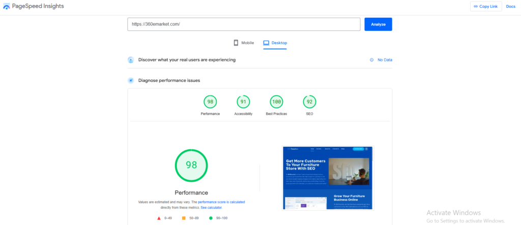 Page performance and speed results for 360 Emarket.