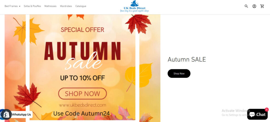 Special autumn offer of 10% discount on a bed store in UK.